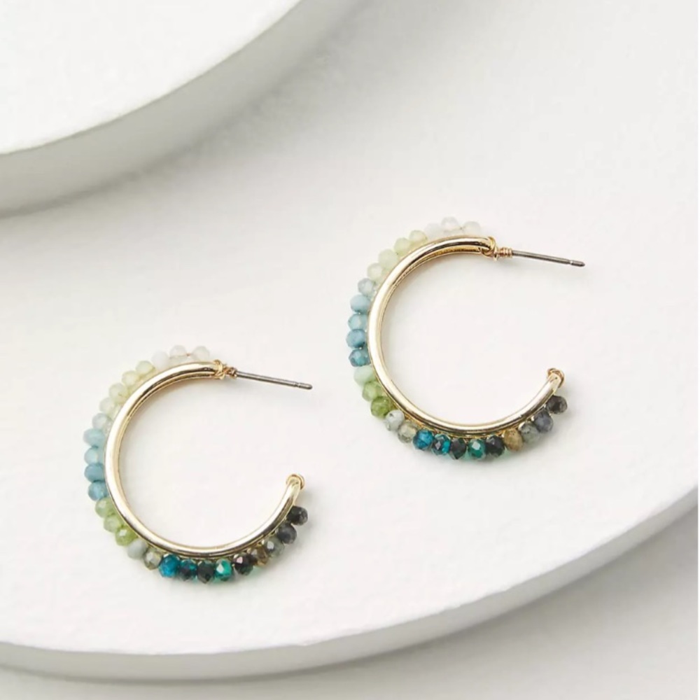 LOFT‎ NWT Beaded Hoop Earrings - Lustrous Olive and Aqua